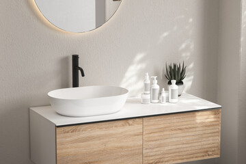 Close up of white sink with oval mirror standing in on white wall , wooden cabinet with black faucet in minimalist bathroom. Mock up stand for display of product. 3d rendering