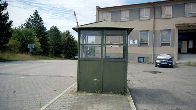 Empty Street With An Old Guard House And Barrier Gate, Soviet Border Post Between Austria And Czech Republic - panning