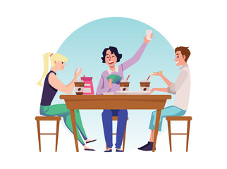 Friends having a snack together and playing cards, vector illustration isolated.