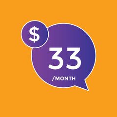 Monthly 33 Dollar price tag or sticker. thirty three dollars sales tag. shopping promotion marketing concept. sale promotion Price Sticker Design
