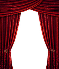 Grand opening stage with red damask pattern curtains, isolated