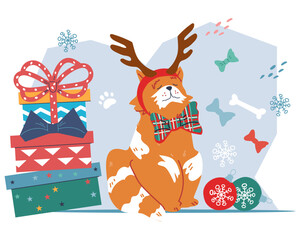 Adorable fat cat in Christmas deer horns among gifts. Christmas and New Year holiday banner backdrop for greeting card with funny cat, cartoon flat vector illustration on background.