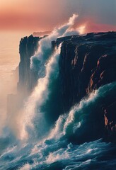 sunset over the sea with mountains clouds and the sun shining at the coast