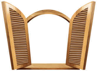 Brown wooden window with open shutters and wooden sill, isolated on transparent background, 3D illustration, png, template.