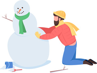 Man building snowman semi flat color raster character. Playing figure. Full body person on white. Winter activity isolated modern cartoon style illustration for graphic design and animation