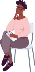 Contemplating woman sitting semi flat color raster character. Sitting figure. Full body person on white. Research isolated modern cartoon style illustration for graphic design and animation