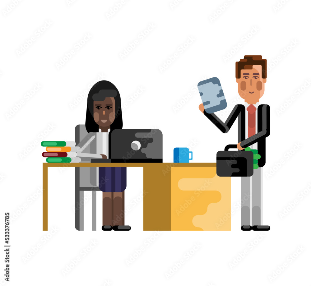 Wall mural Business meeting european businessman with african businesswoman in office. Corporate multicultural business people isolated vector illustration.