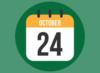 24 October green calendar vector. Calendar october with circle in background clear.