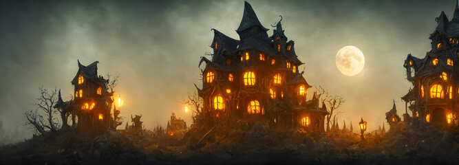 Fototapeta na wymiar Halloween background. Witch hut. Banner size. Longer Horizontal Position. website header. 3d illustration