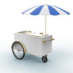 Promotion counter on wheels with umbrella, food, ice cream, hot dog push cart Retail Trade Stand Isolated on transparent background 3d render © Alexander