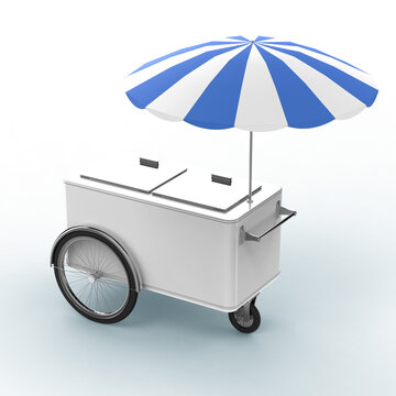 Promotion counter on wheels with umbrella, food, ice cream, hot dog push cart Retail Trade Stand Isolated on transparent background 3d render