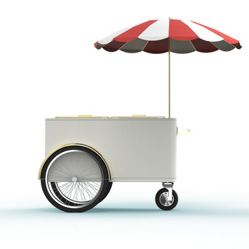 Promotion counter on wheels with umbrella, food, ice cream, hot dog push cart Retail Trade Stand Isolated on transparent background 3d render