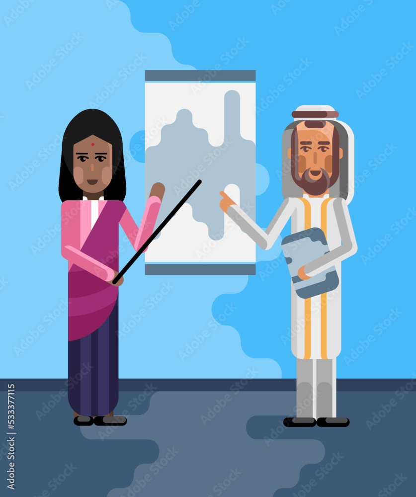 Sticker Arabic man and indian woman doing business presentation near whiteboard with diagram. Corporate multicultural business people vector illustration.