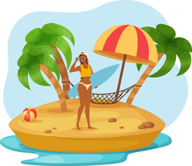 Beautiful girl in swimwear sunbathing on tropical beach. Attractive woman relaxing on summer vacation. Natural landscape with sandy beach, palm trees, hammock and umbrella