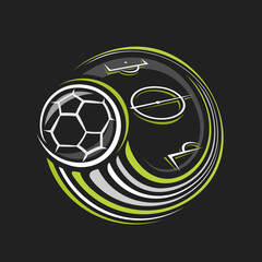 Vector logo for Football Sport, isolated modern emblem with illustration of flying soccer ball over football field, decorative line art sports badge for soccer club on dark background © mihmihmal