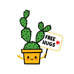 Cute doodle style cacti, cactus character holding a card in hand. Free Hugs. Vector icon, illustration.
