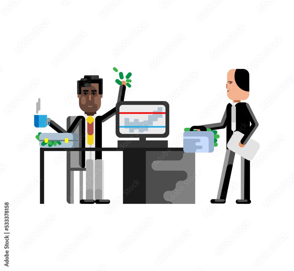 Wall mural Business meeting african businessman with european investor in office. Corporate multicultural business people isolated vector illustration.