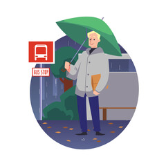 Man waiting a bus in the rain cartoon flat vector illustration isolated on white.