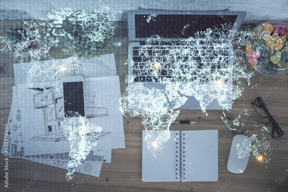 Poster social network hologram drawings over computer on the desktop background. top view. double exposure.