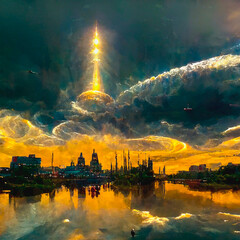 Panorama of the metropolis. Futuristic image of aliens . Artificial intelligence.