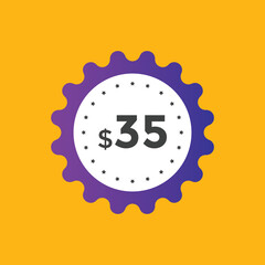 35 dollar price tag. Price $35 USD dollar only Sticker sale promotion Design. shop now button for Business or shopping promotion
