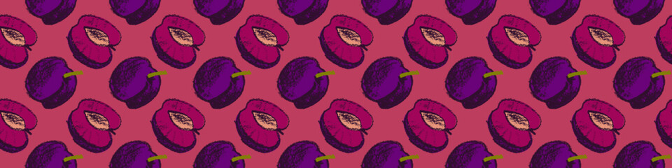 Vector Prune pattern seamless for vegan banner, diary backdrop. Hand drawn plum background. Wallpaper for baby food packaging, juice label design. Violet French plum pattern for organic jam package.