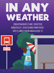 Woman with umbrella and in raincoat waiting at bus stop, poster template flat vector illustration.