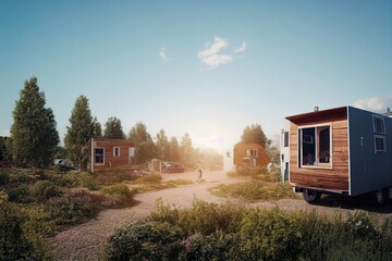 wooden vacation houses at the campsite on the beach with green grass and sand 