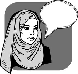 Young Arab woman with beautiful face tell message. Wear traditional fashion niqab head wear. Hand drawn comic cartoon style illustration. Line art vector drawing.