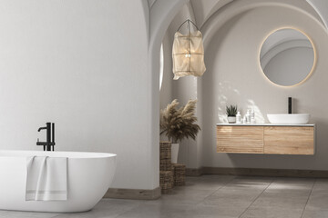 Modern mid century and minimalist bathroom interior, bathtub, white decor concept, modern wooden bathroom cabinet hanging on white wall, concrete floor. Cozy bathroom. 3d rendering