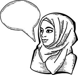 Young Arab woman with beautiful face tell message. Wear traditional fashion niqab head wear. Hand drawn comic cartoon style illustration. Line art vector drawing.