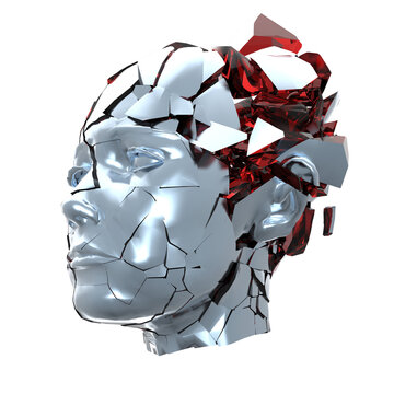 Glossy woman head exploding shuttered - Headache, mental problems, stress, disaster concept illustration. High quality 3d render, isolated on transparent
