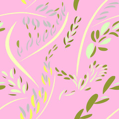 Fototapeta na wymiar Seamless pattern of abstract floral elements in green and yellow shades on a light pink background for textile. Dynamic composition of twigs with leaves on a light background.