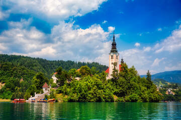 Boats Moored by the Steps at Bled Island in Lake Bled, Slovenia