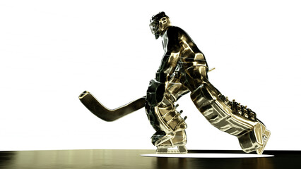 bronze sculpture of ice hockey goalie in action pose with dramatic light dust particles in the air  fire rays. hockey legend, competition, winner concept background 3d render isolated om transparent