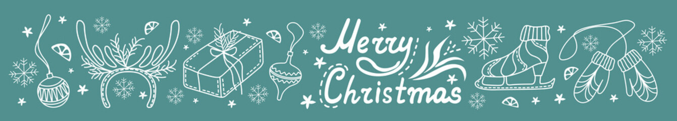 Christmas stickers. New Year Coloring. Winter mood. Christmas stocking, present, skate, and Christmas toy.