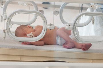 A premature newborn in a special incubator in the children's department of the hospital.