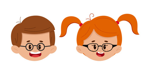 Happy clever child - boy and girl wearing eyeglasses faces set isolated on white background. Cute kid avatar - children head icons. Flat design cartiin style vector illustration. 