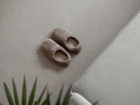 Soft fur warm slippers on carpet near sofa in simple scandinavian home. Pair of trendy fashion brown warm slippers on floor, copy space, top view