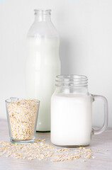Fresh oat milk close up. Lactose free, vegan concept.