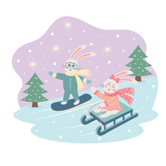 Cute bunnies in warm clothes sledding and snowboarding. Winter greeting card. Bunny or hare - childish mascot 2023 symbol year.