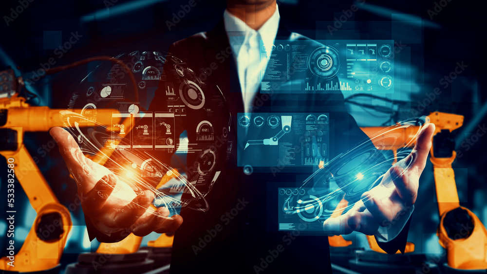 Poster engineer use cybernated robotic software to control industry robot arm in factory . automation manuf