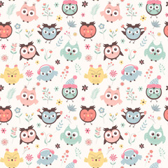 Cute owls and flowers seamless pattern. Scandinavian boho print. Creative kids texture for fabric, wrapping, textile, wallpaper, apparel.