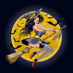 Vector Art of Sexy Witch on Broomstick
