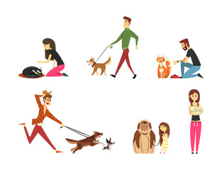 Happy people and pets set. Cheerful pet owners walking, hugging and feeding their cats and dogs cartoon vector illustration