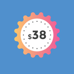 38 dollar price tag. Price $38 USD dollar only Sticker sale promotion Design. shop now button for Business or shopping promotion
