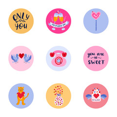 Cute and trendy highlights for different social media, bloggers and companies about St. Valentine's day with bright illustrations. Vector hand drawn clipart. Concept of love, romance, holiday.