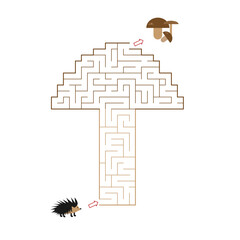 Mushroom shaped labyrinth with entry and One exit (only one solution). Hedgehog is searching the mushrooms. Line maze game. Medium complexity. Kids maze puzzle, vector illustration
