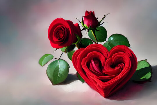 wedding card - red rose in the shape of a heart and a bright background - painted with oil - illustration - still life