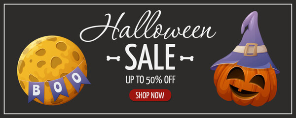 Halloween sale flyer. Pumpkin in the sorcery hat and full moon with text boo. Cute vector illustration. For banner, advertising, store